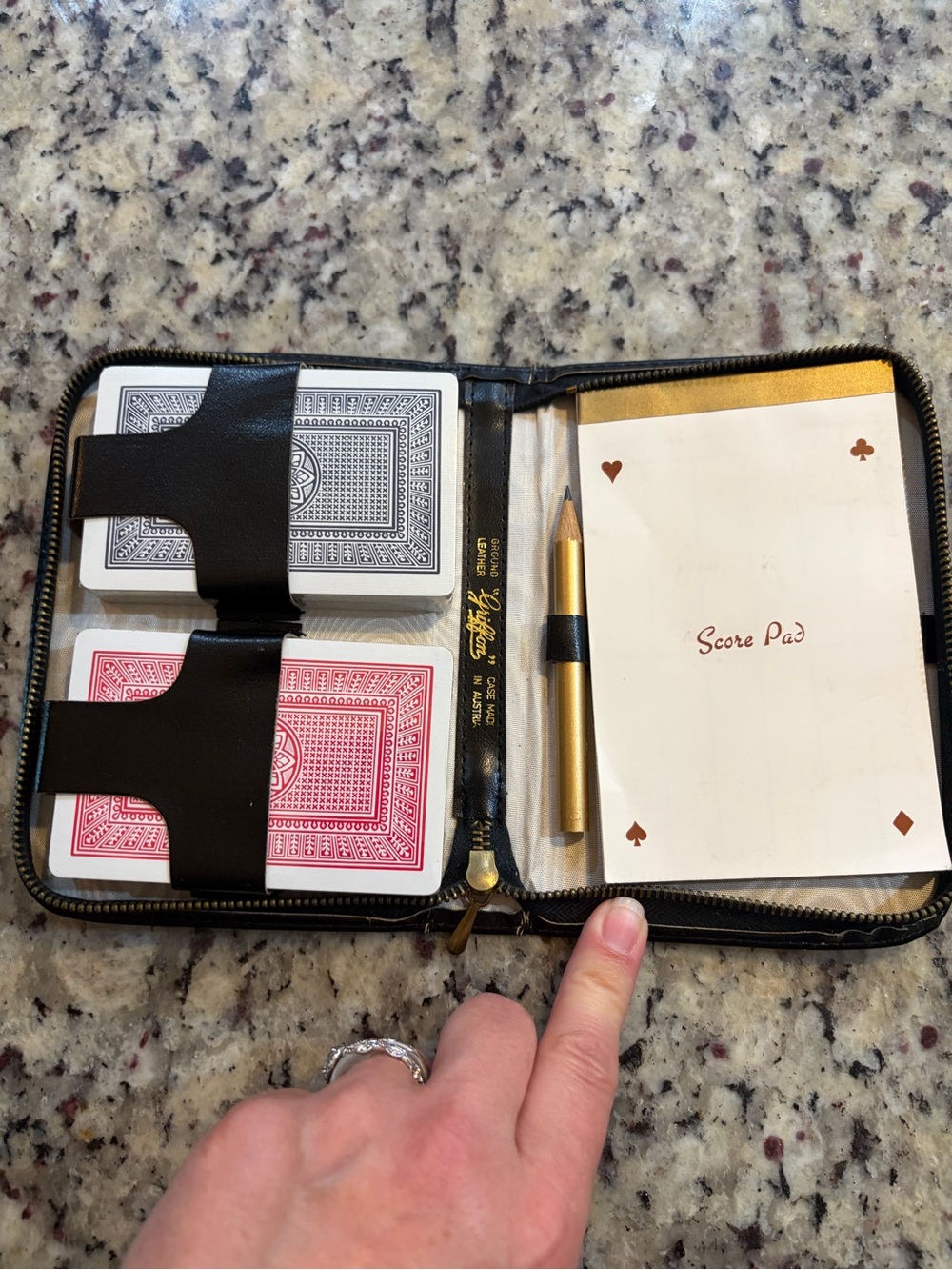 Vtg Griffon Leather Playing Card Case W/ Original Score Pad And Pencil- Austria